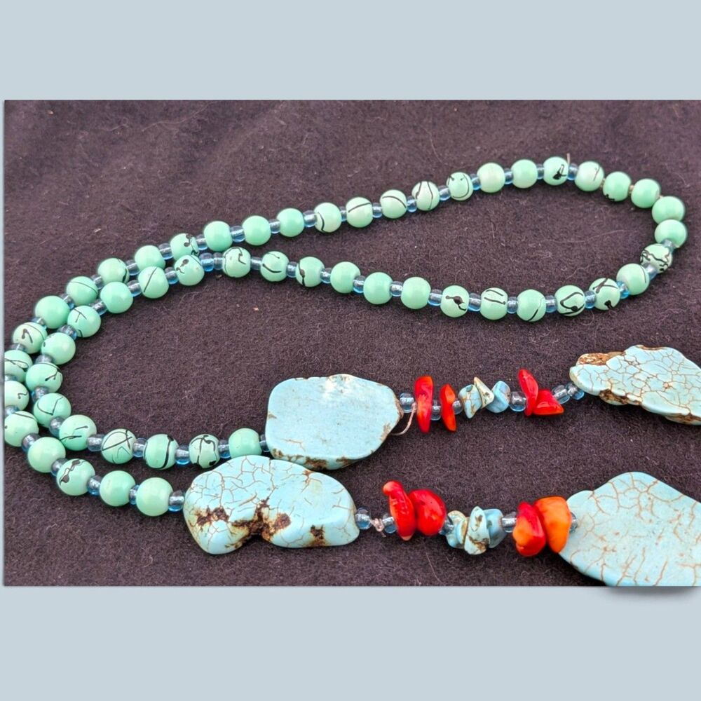 Turquoise Look Stone Slab Red Orange Chip Necklace 36" Long 3 Oz